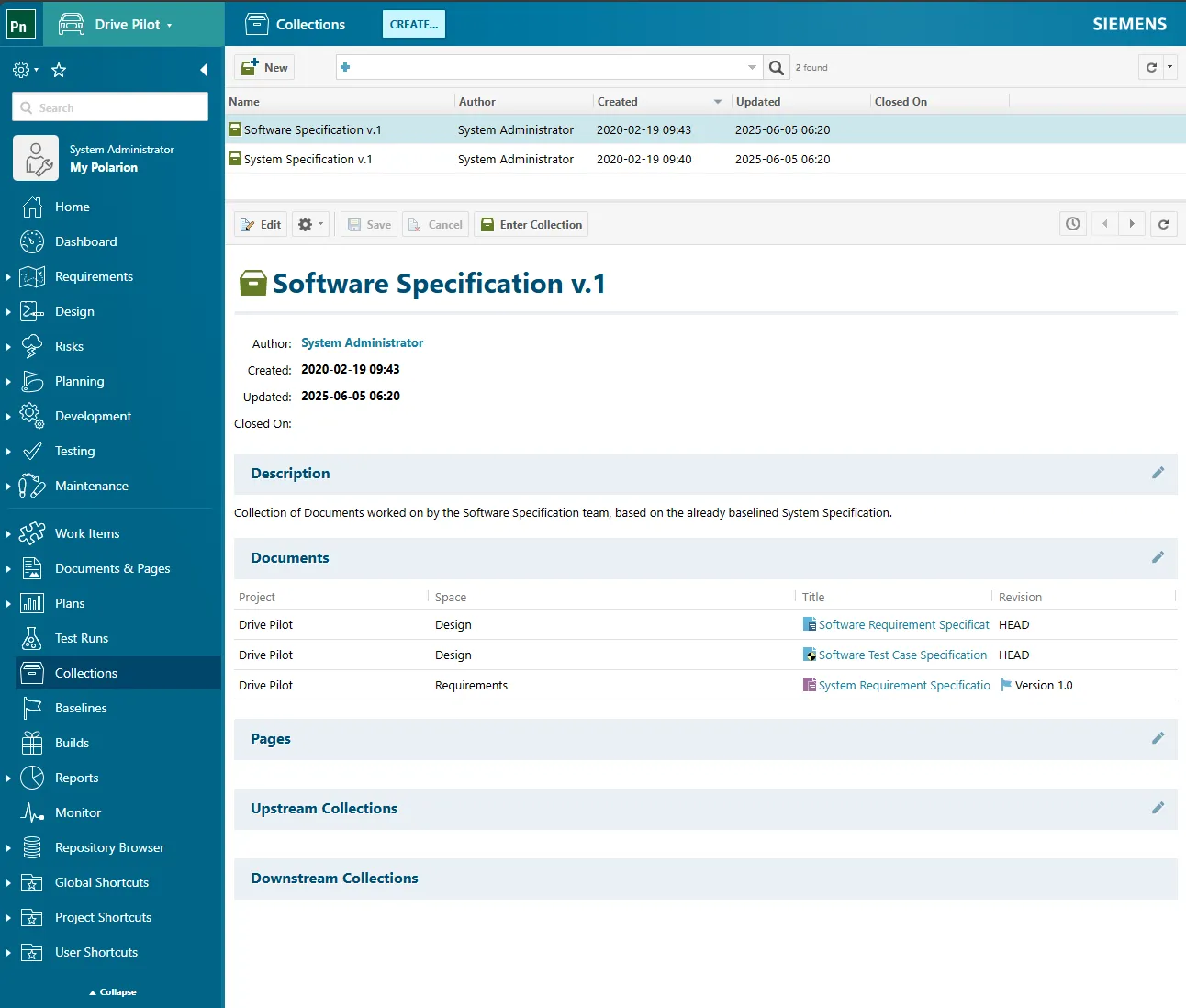 A screenshot of Polarion's collections functionality